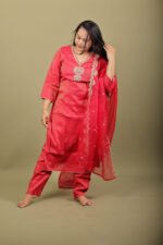 Deep Pink Silk Kurta Set with Kantha Deer Motif - Image 2