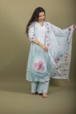 Powder Blue Kurta Set with Floral Organza Dupatta - Image 3