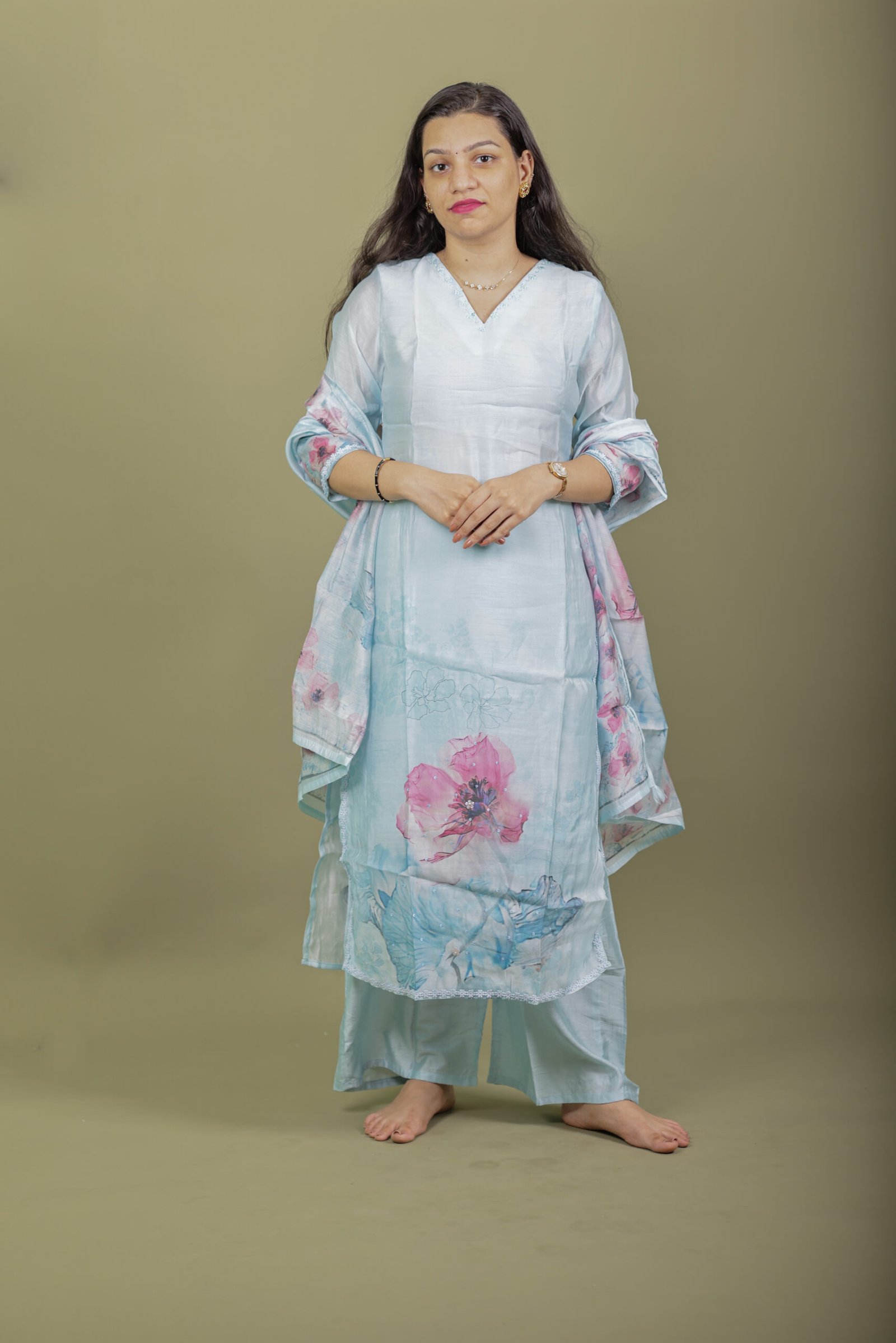 0L9A4239 Powder Blue Kurta Set with Floral Organza Dupatta - Image 1