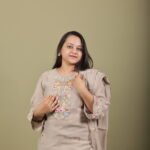 Taupe Kurta Set with Multicolour Floral Embroidery