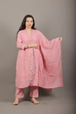 Rose Pink Floral Applique Kurta Set - Image 2