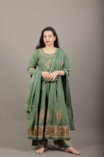 Olive Green Gold Embroidered Anarkali Kurta Set - Image 5
