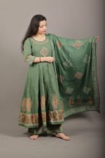 Olive Green Gold Embroidered Anarkali Kurta Set - Image 4