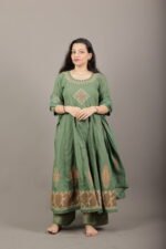 Olive Green Gold Embroidered Anarkali Kurta Set - Image 3