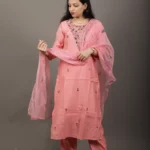 Coral Pink Floral Embroidered Kurta Set with Organza Dupatta