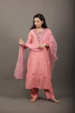 Coral Pink Floral Embroidered Kurta Set with Organza Dupatta
