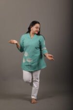 Teal Green Lotus Embroidered Short Top - Image 3