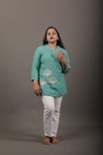 Teal Green Lotus Embroidered Short Top - Image 2