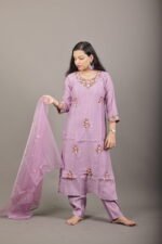 Lilac Embroidered Kurta Set with Organza Dupatta - Image 3