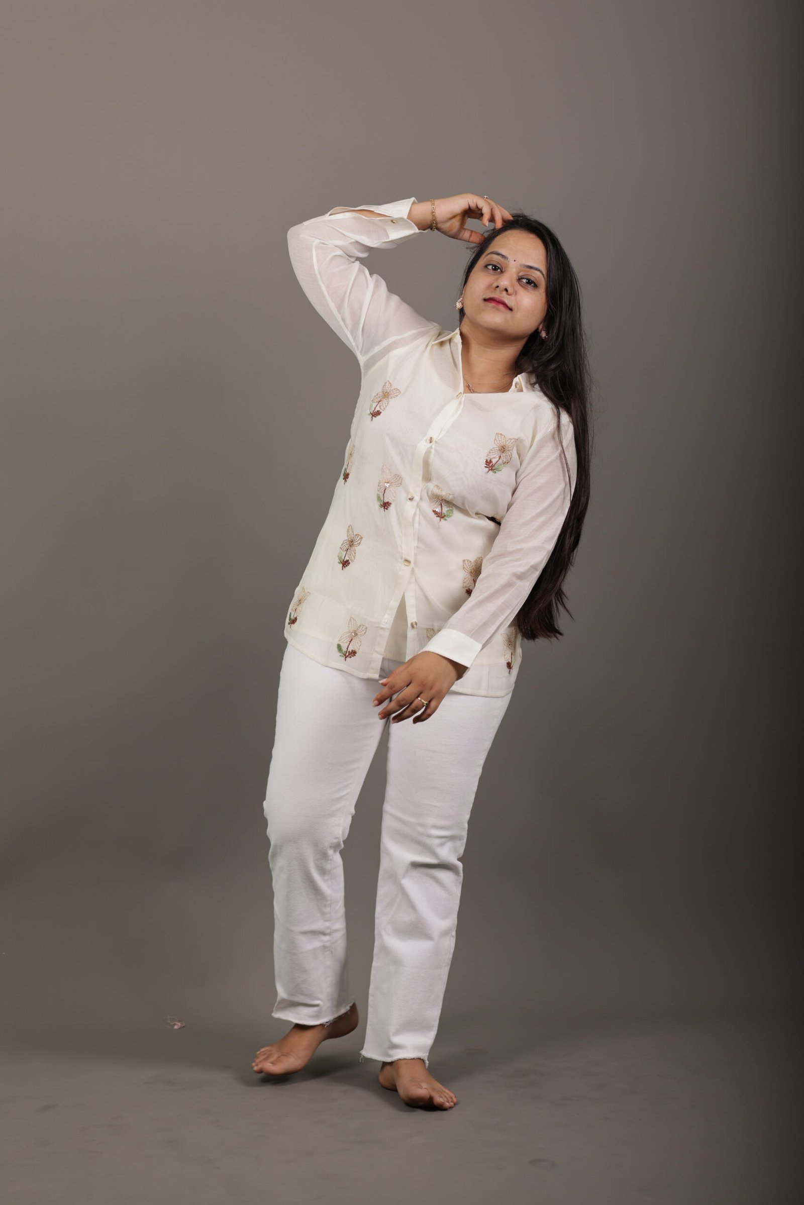 0L9A4439 Ivory Sheer Floral Embroidered Shirt Top - Image 1