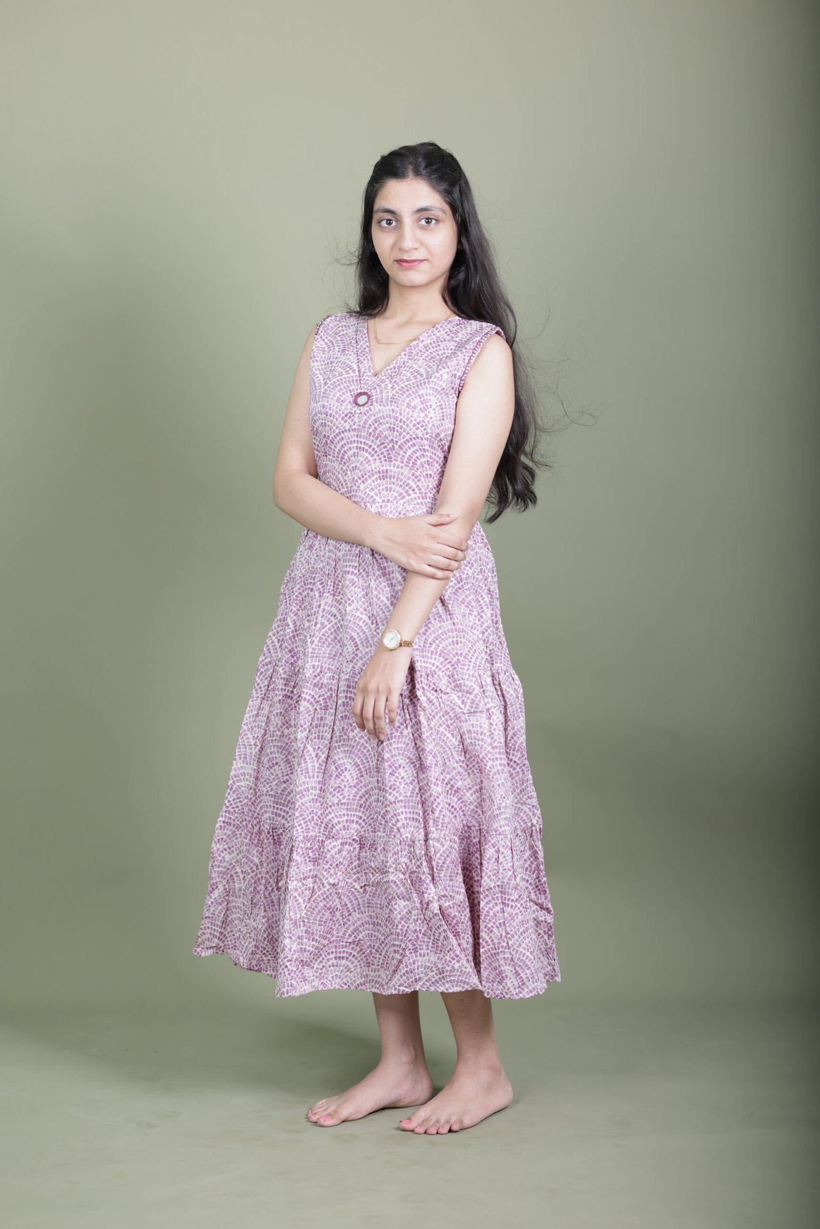 0L9A4926 Lilac Scallop Print Tiered Midi Dress - Image 1