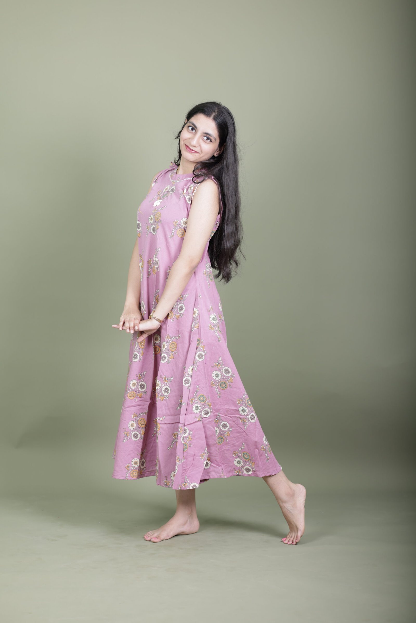 0L9A4951 Mauve Kalamkari Sleeveless A-Line Dress - Image 1