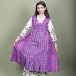 Purple Checked Kurta Set with Floral Block Print Sleeves