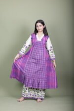 Purple Checked Kurta Set with Floral Block Print Sleeves