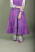 Purple Checked Kurta Set with Floral Block Print Sleeves - Image 2