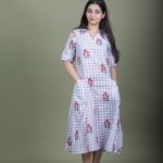 Grey Gingham Rose Print Collared Dress