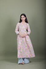 Pink Meadow Floral Kurta with Striped Palazzo Set