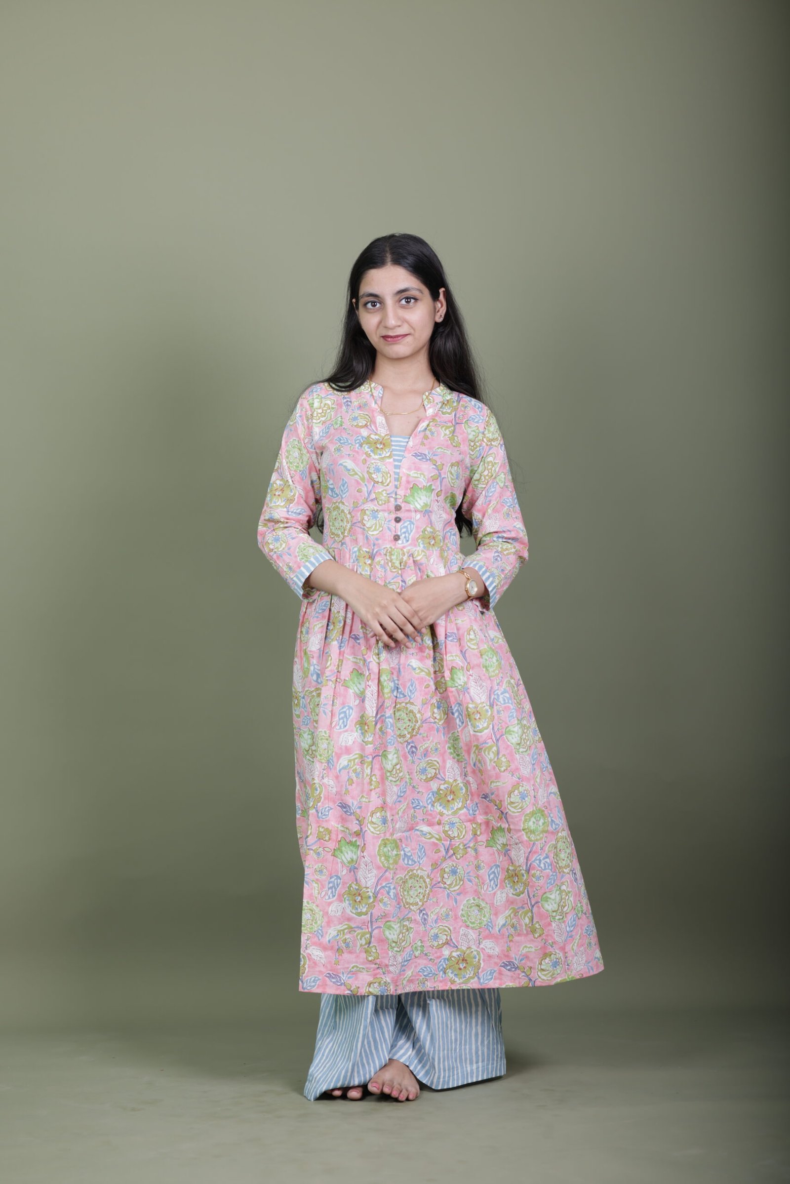0L9A5051 Pink Meadow Floral Kurta with Striped Palazzo Set - Image 1