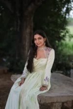 Mint Green Flared Silk Blend Anarkali Gown with Embroidered Sheer Illusion Neckline - Image 2