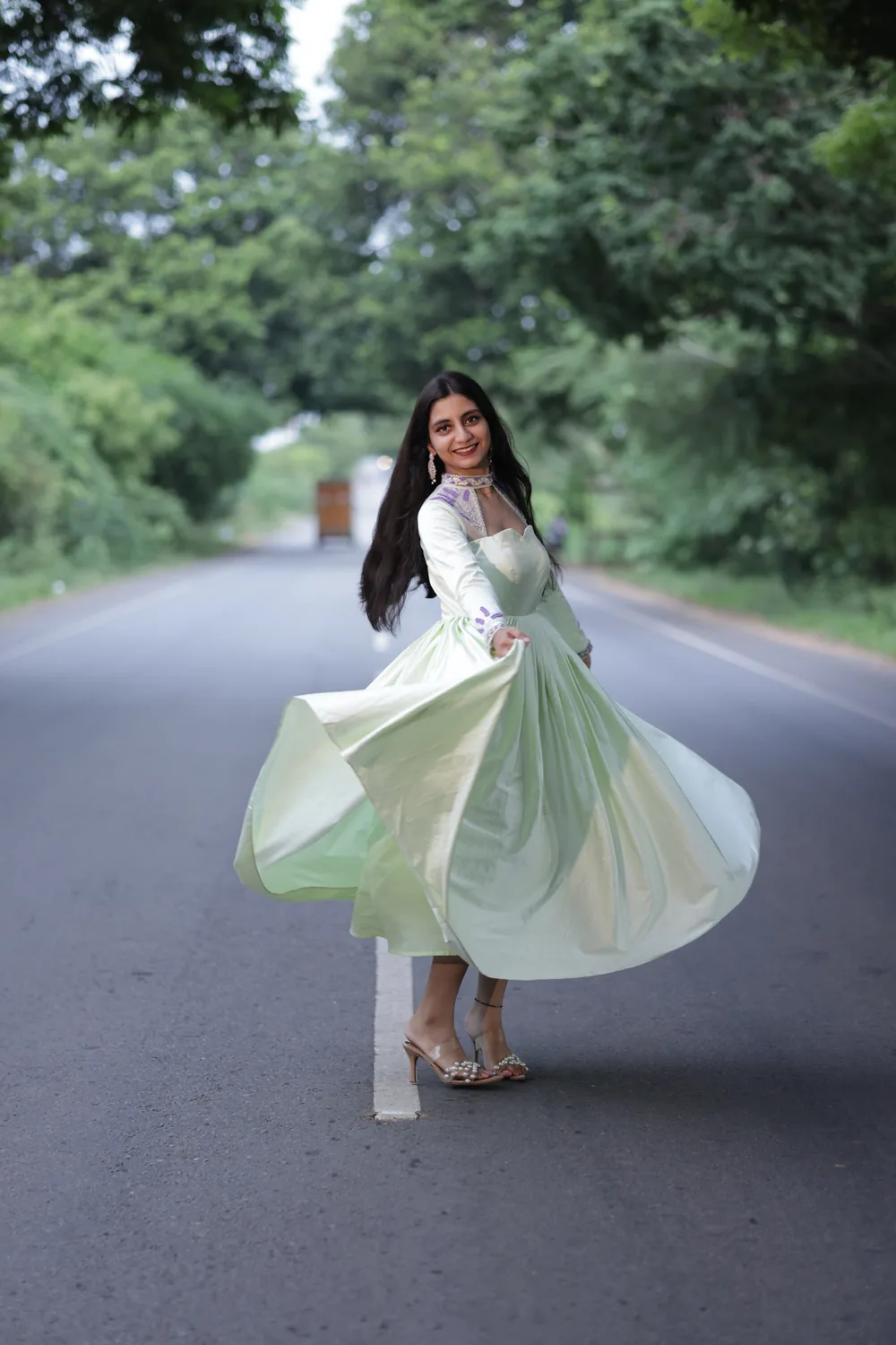 Copy of 0L9A4857 Mint Green Flared Silk Blend Anarkali Gown with Embroidered Sheer Illusion Neckline - Image 1