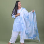 Sky Blue Striped Embroidered Kurta with Chikankari Palazzo & Tie-Dye Dupatta