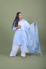 Sky Blue Striped Embroidered Kurta with Chikankari Palazzo & Tie-Dye Dupatta