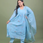 Sky Blue Embroidered Pleated Anarkali Kurta Set with Zari Dupatta