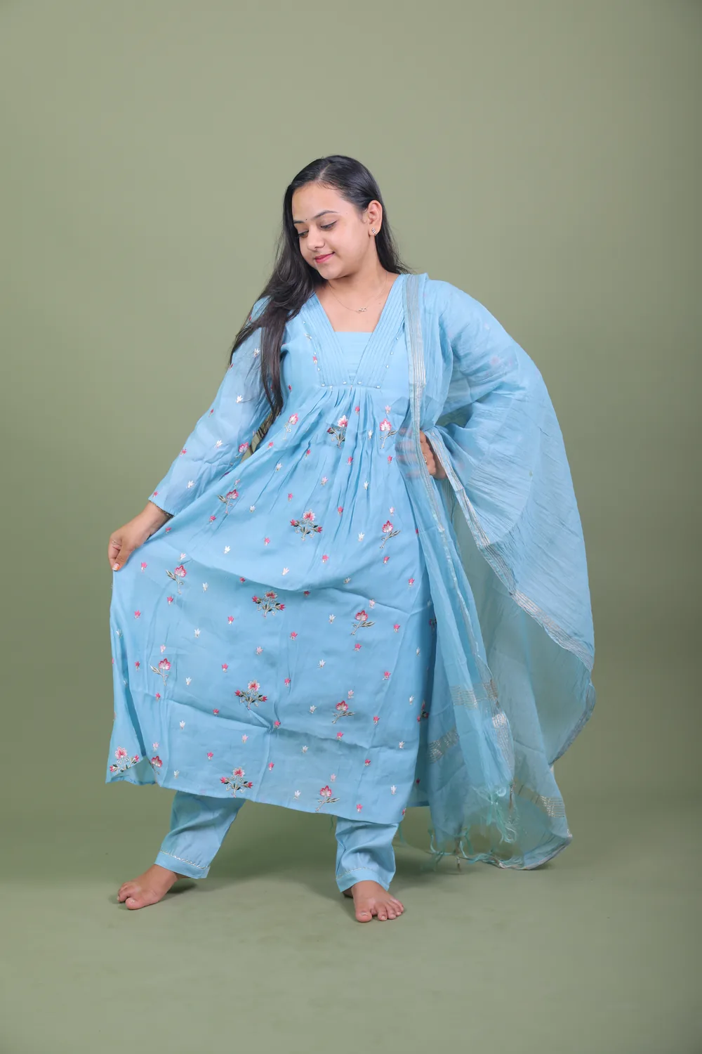 Copy of 0L9A5208 Sky Blue Embroidered Pleated Anarkali Kurta Set with Zari Dupatta - Image 1