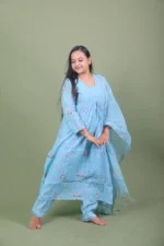 Sky Blue Embroidered Pleated Anarkali Kurta Set with Zari Dupatta - Image 2