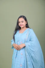 Sky Blue Embroidered Pleated Anarkali Kurta Set with Zari Dupatta - Image 3