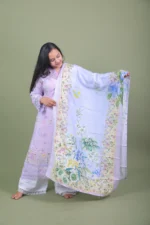 Lavender Floral Embroidered Kurta with Wide-Leg Pants & Botanical Print Dupatta