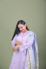 Lavender Floral Embroidered Kurta with Wide-Leg Pants & Botanical Print Dupatta - Image 4