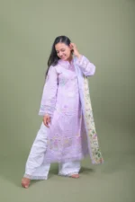 Lavender Floral Embroidered Kurta with Wide-Leg Pants & Botanical Print Dupatta - Image 3