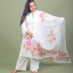 Ivory Floral Hand-Painted Cotton Kurta Set with Tassel Lace & Dupatta