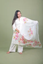 Ivory Floral Hand-Painted Cotton Kurta Set with Tassel Lace & Dupatta