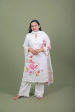 Ivory Floral Hand-Painted Cotton Kurta Set with Tassel Lace & Dupatta - Image 2