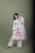 Ivory Floral Hand-Painted Cotton Kurta Set with Tassel Lace & Dupatta - Image 3