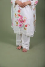 Ivory Floral Hand-Painted Cotton Kurta Set with Tassel Lace & Dupatta - Image 4