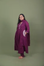 Wine Purple Pintuck Embroidered Flared Kurta Set with Dupatta - Image 2