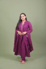 Wine Purple Pintuck Embroidered Flared Kurta Set with Dupatta - Image 3
