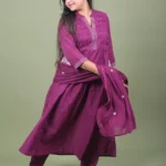 Wine Purple Pintuck Embroidered Flared Kurta Set with Dupatta