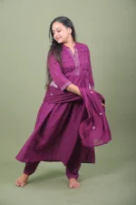 Wine Purple Pintuck Embroidered Flared Kurta Set with Dupatta