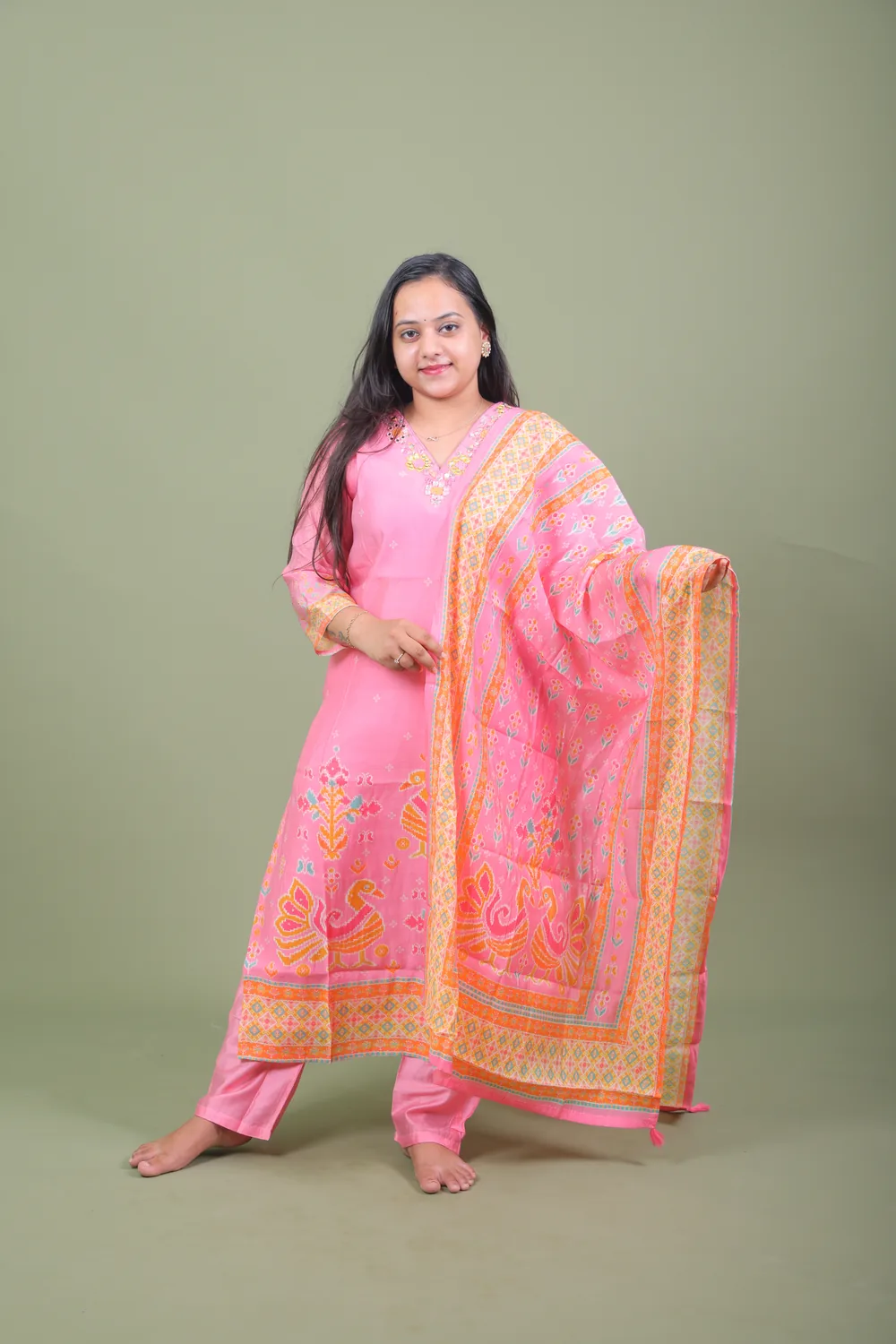 Copy of 0L9A5263 Candy Pink Patola & Floral Printed Silk Blend Kurta Set with Dupatta - Image 1