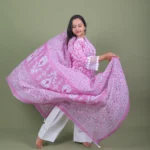 Pink Ikat Printed Cotton Kurta Set with Lace Sleeves & Dupatta
