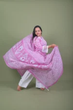 Pink Ikat Printed Cotton Kurta Set with Lace Sleeves & Dupatta