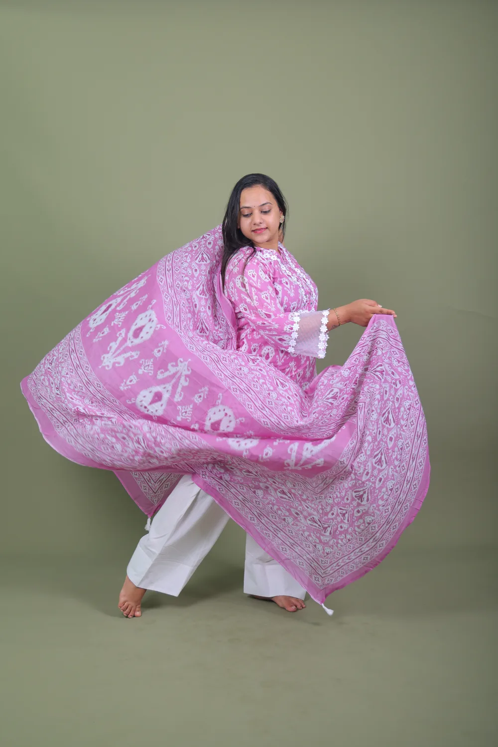 Copy of 0L9A5282 Pink Ikat Printed Cotton Kurta Set with Lace Sleeves & Dupatta - Image 1