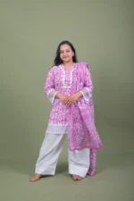 Pink Ikat Printed Cotton Kurta Set with Lace Sleeves & Dupatta - Image 2