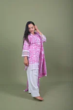 Pink Ikat Printed Cotton Kurta Set with Lace Sleeves & Dupatta - Image 3