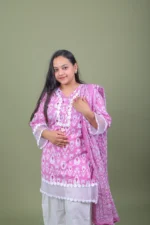 Pink Ikat Printed Cotton Kurta Set with Lace Sleeves & Dupatta - Image 4