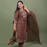 Chocolate Brown Embroidered Cotton Kurta Set with Scalloped Pants & Dupatta